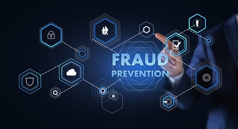 Fraud prevention. Man using digital screen, closeup. Scheme with icons on blue background