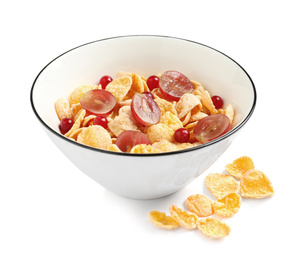 Photo of Corn flakes with berries on white background. Healthy breakfast