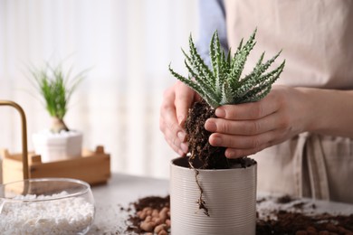 Photo of Woman transplanting Aloe into pot at table indoors, closeup. House plant care