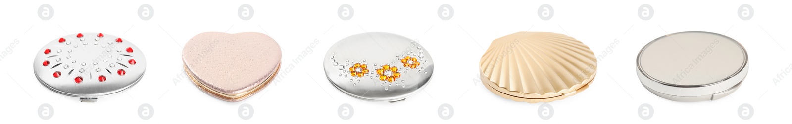 Image of Set with stylish pocket mirrors on white background. Banner design