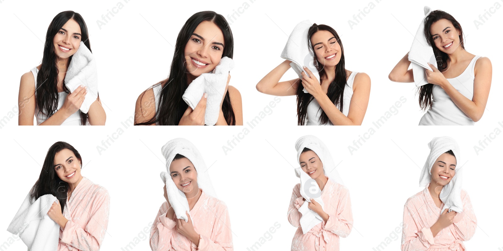 Image of Collage of women with towels on white background. Banner design