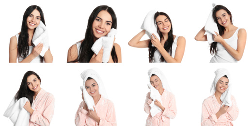 Collage of women with towels on white background. Banner design