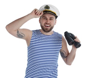 Happy sailor with binoculars on white background