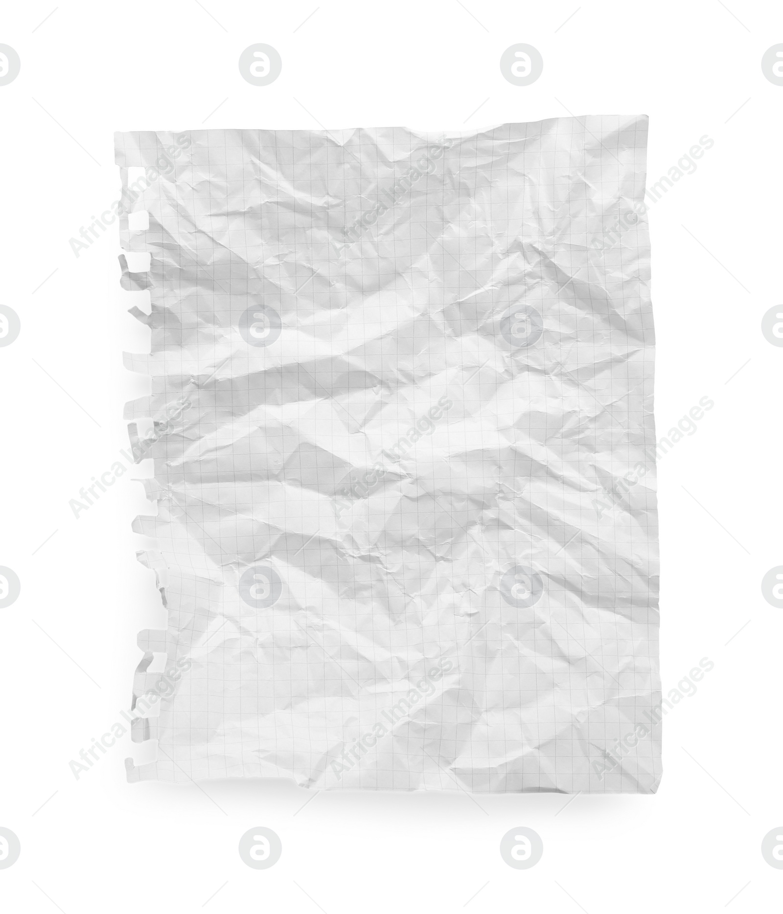 Photo of Crumpled checkered notebook sheet isolated on white, top view