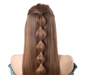 Woman with braided hair on white background, back view