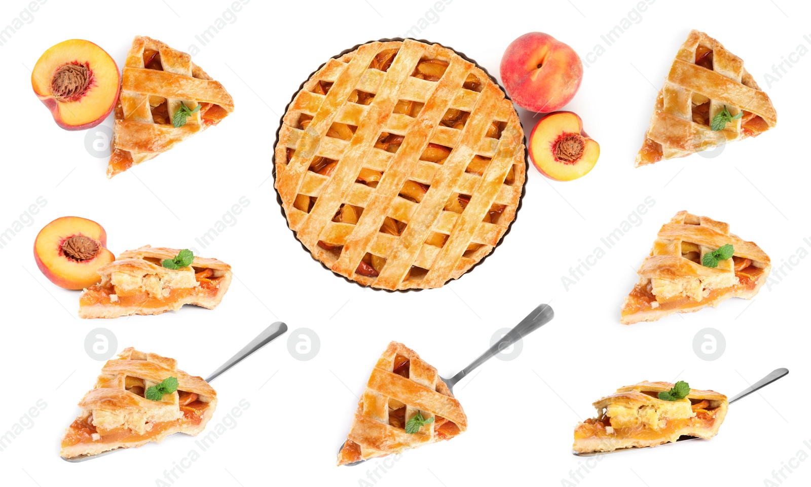 Image of Collage with delicious peach pie and fruits on white background