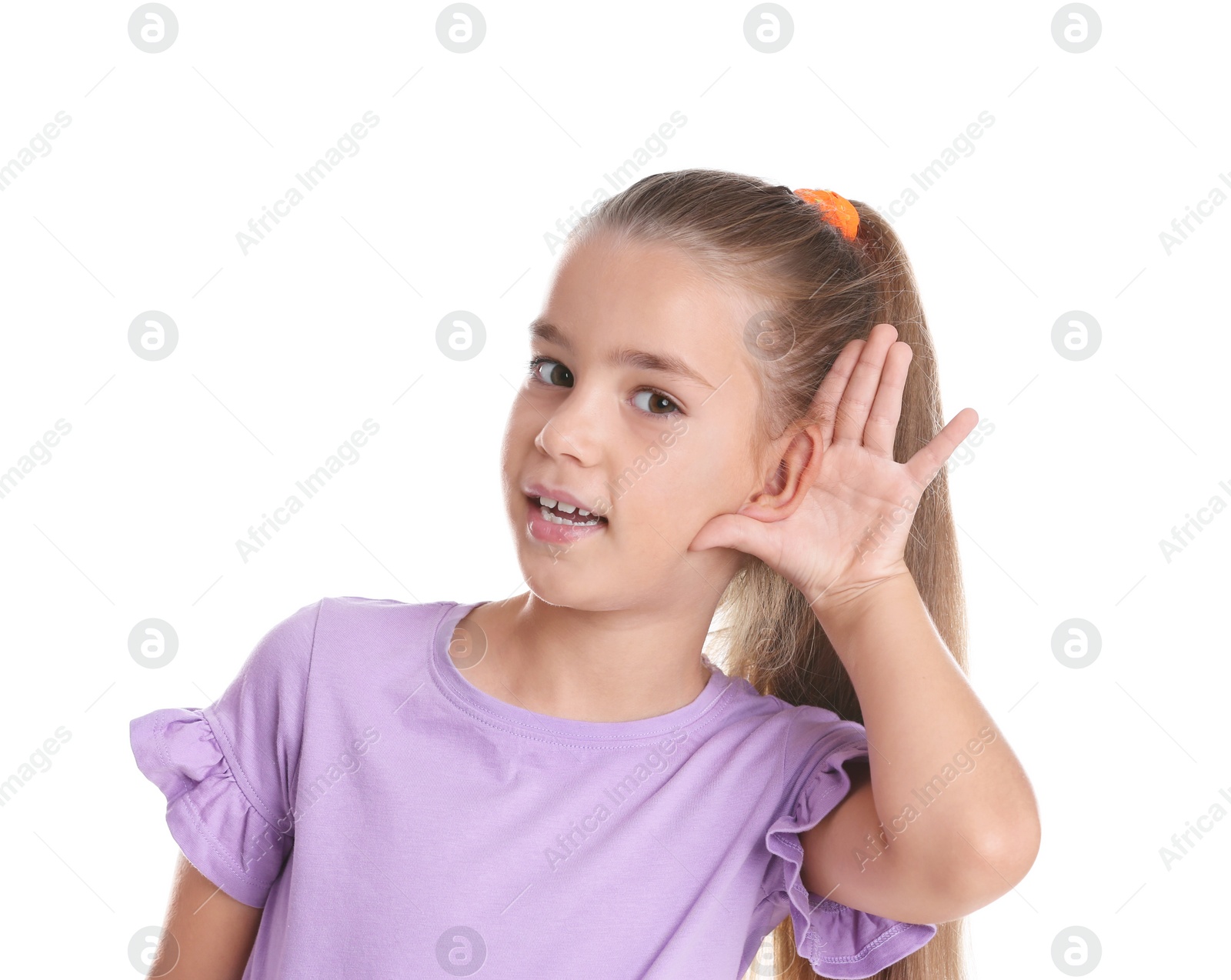 Photo of Cute little girl with hearing problem on white background