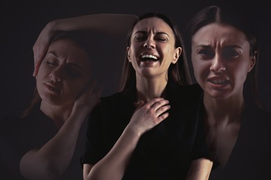 Image of Woman with personality disorder on dark background, multiple exposure 