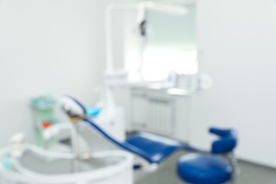 Photo of Blurred view of dentist's office interior with chair and equipment
