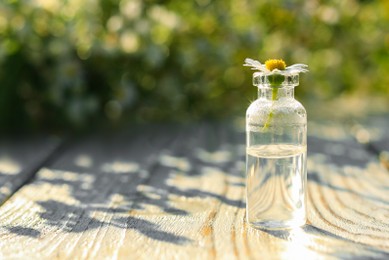 Photo of Bottle of chamomile essential oil with flower on white wooden table, space for text