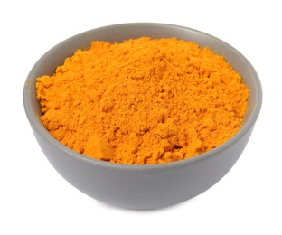 Aromatic saffron powder in bowl on white background