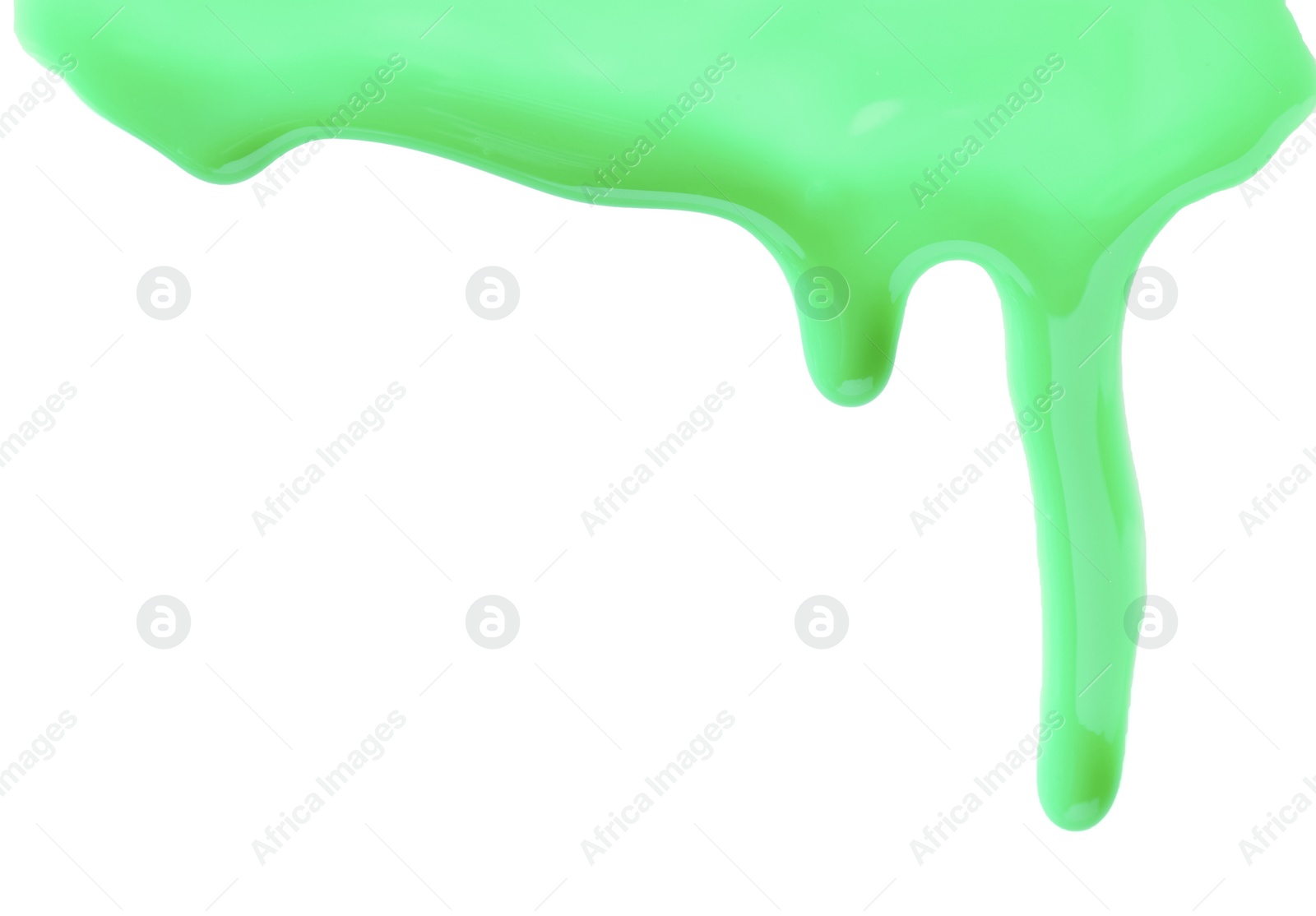 Photo of Green nail polish flowing on white background