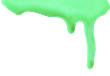 Green nail polish flowing on white background