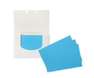 Image of Package of facial oil blotting tissues on white background. Mattifying wipes