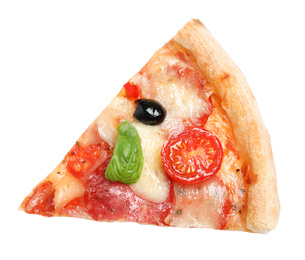 Photo of Slice of delicious pizza Diablo isolated on white, top view
