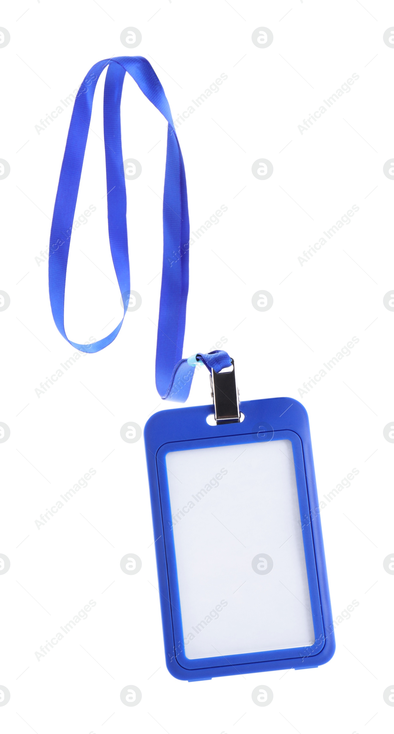 Photo of Blank blue badge with string isolated on white