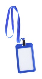 Photo of Blank blue badge with string isolated on white