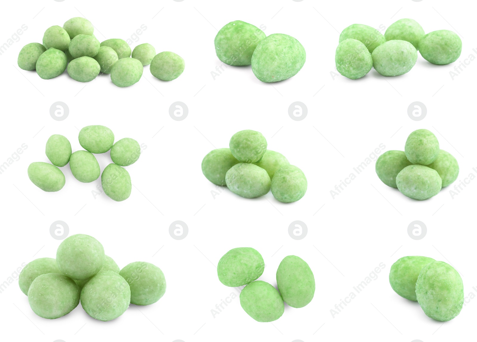 Image of Set with spicy wasabi coated peanuts on white background