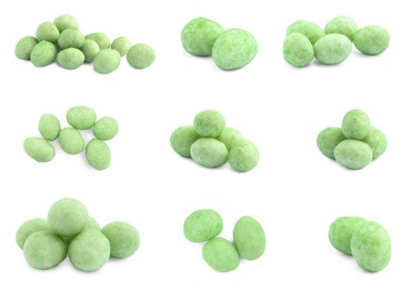 Image of Set with spicy wasabi coated peanuts on white background