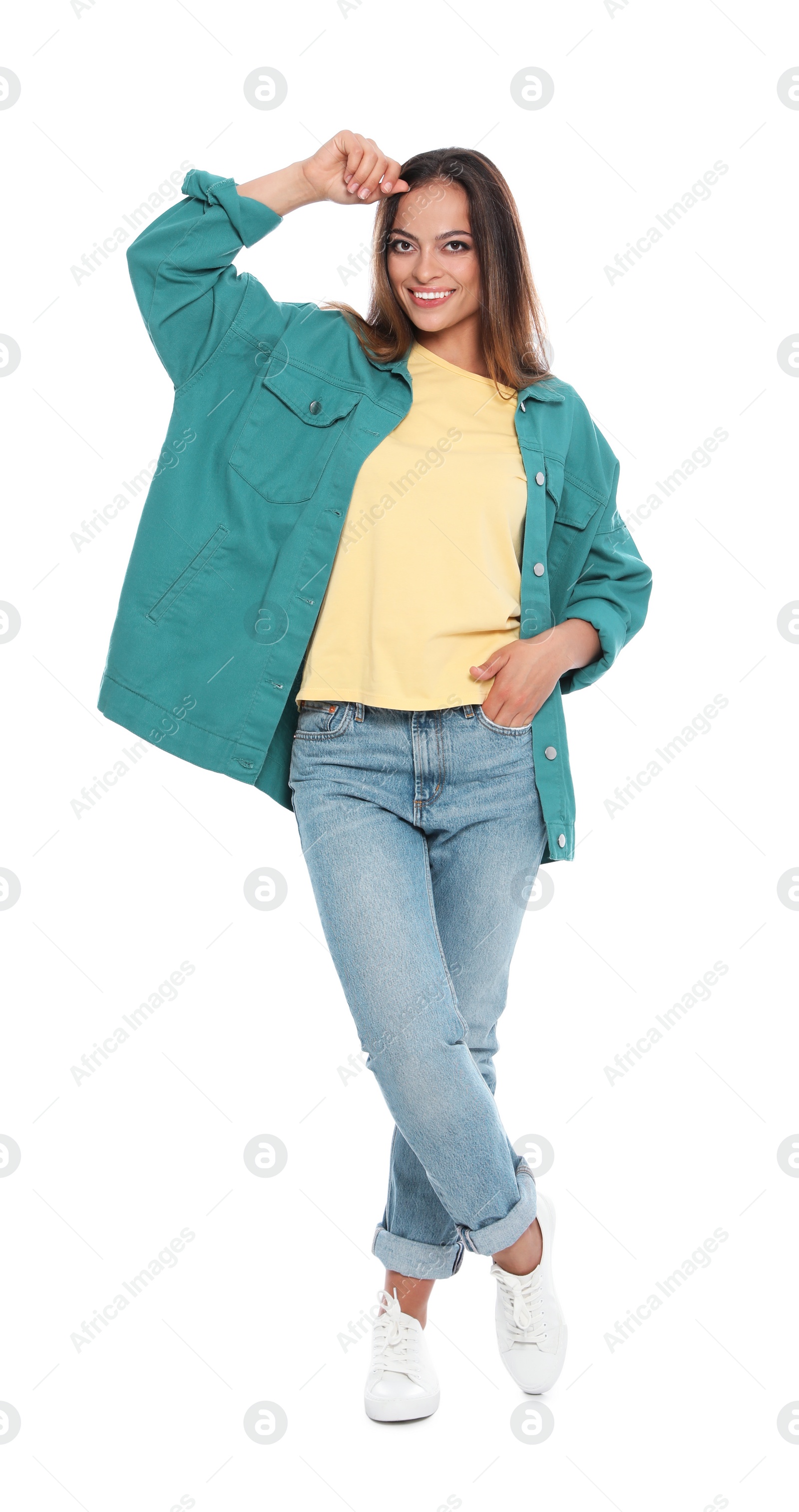 Photo of Full length portrait of beautiful young woman in casual outfit on white background