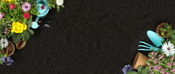 Image of Flat lay composition with gardening tools on soil, space for text. Banner design