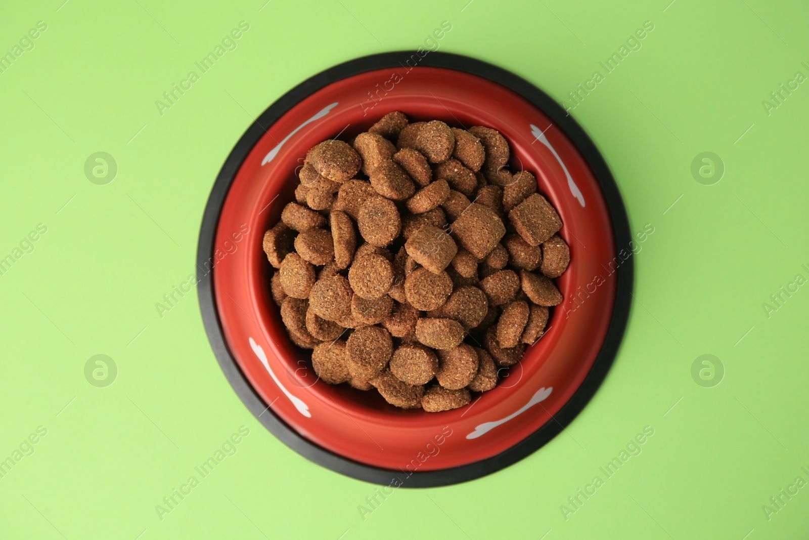 Photo of Dry dog food in feeding bowl on light green background, top view