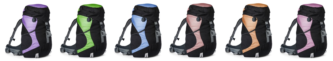Different hiking backpacks on white background, collage. Banner design