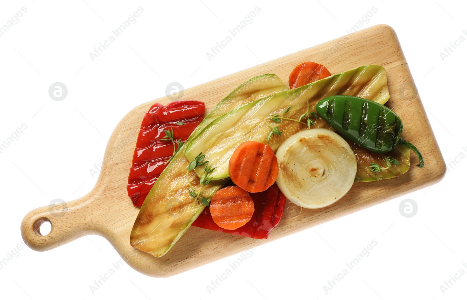 Photo of Different delicious grilled vegetables on white background, top view