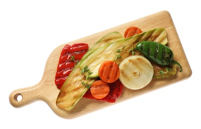 Different delicious grilled vegetables on white background, top view