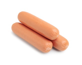 Photo of Many delicious boiled sausages on white background