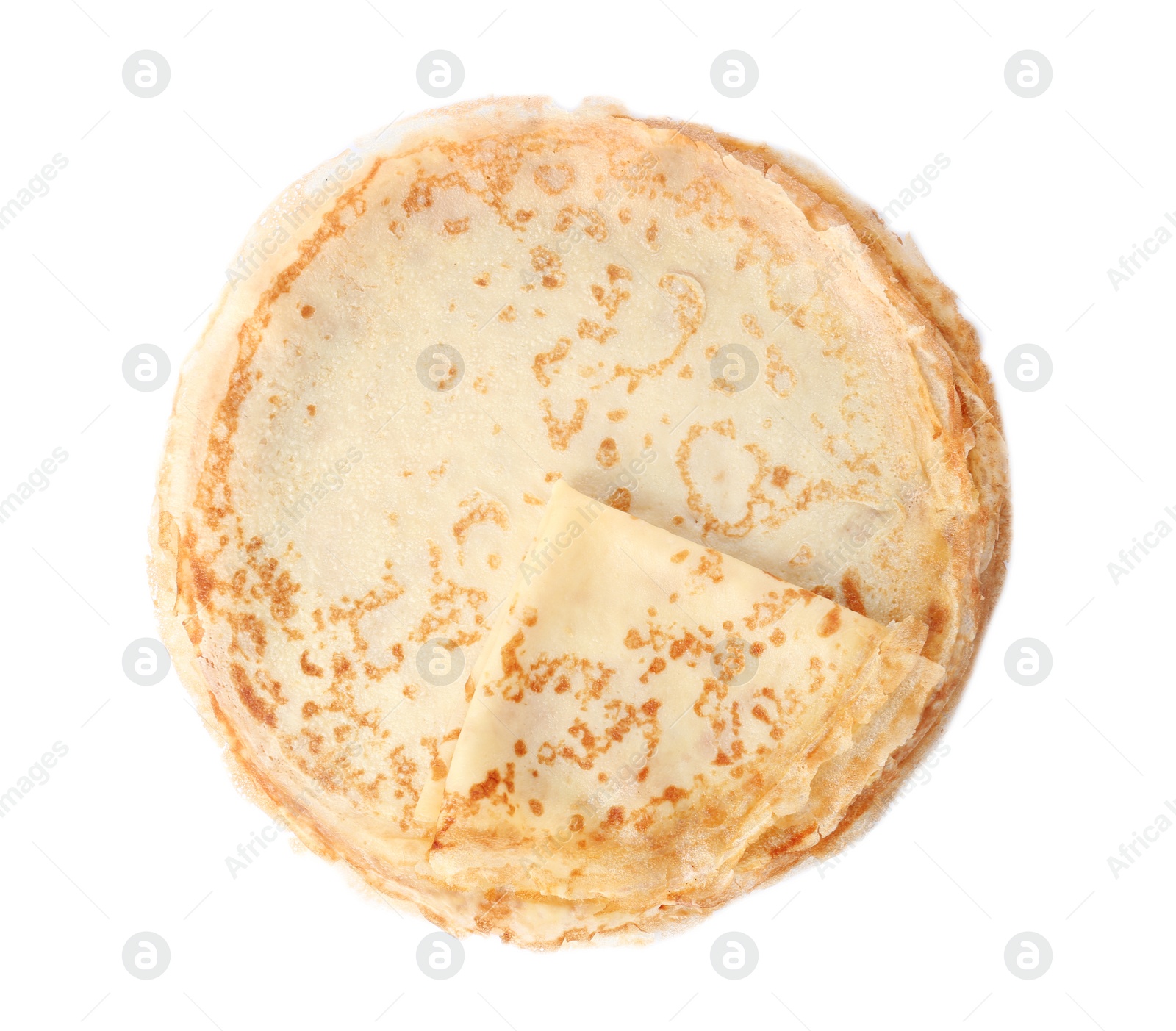 Photo of Tasty thin pancakes on white background, top view
