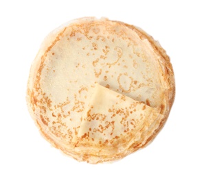 Tasty thin pancakes on white background, top view