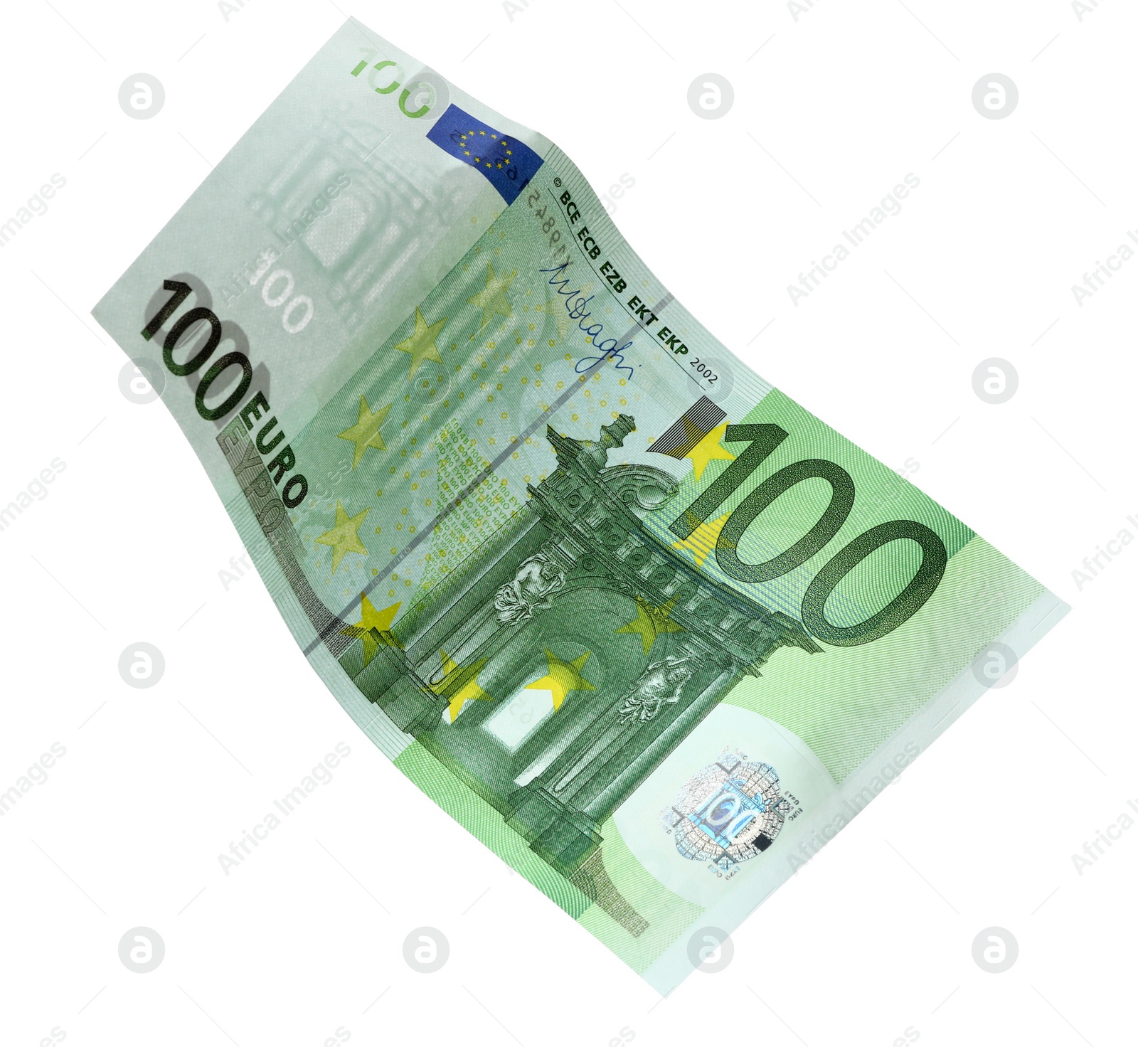 Photo of Flying one hundred Euro banknote isolated on white