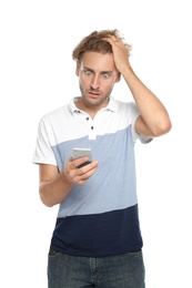 Photo of Young man with mobile phone on white background