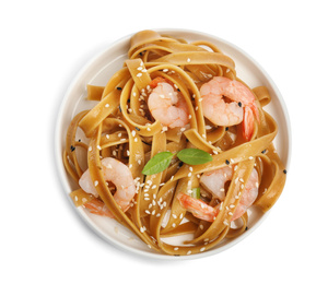 Photo of Plate of tasty buckwheat noodles with shrimps isolated on white, top view