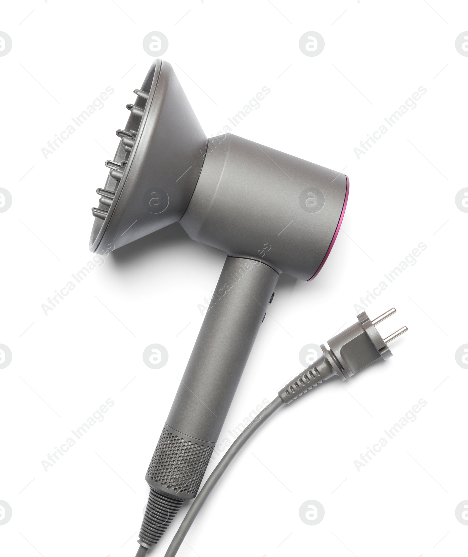 Photo of Modern hair dryer on white background, top view