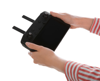 Photo of Woman holding new modern drone controller on white background, closeup of hands
