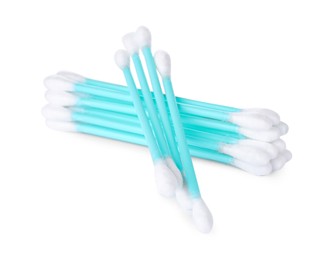 Many clean cotton buds on white background