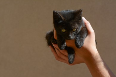 Woman holding black kitten against beige wall, closeup. Space for text