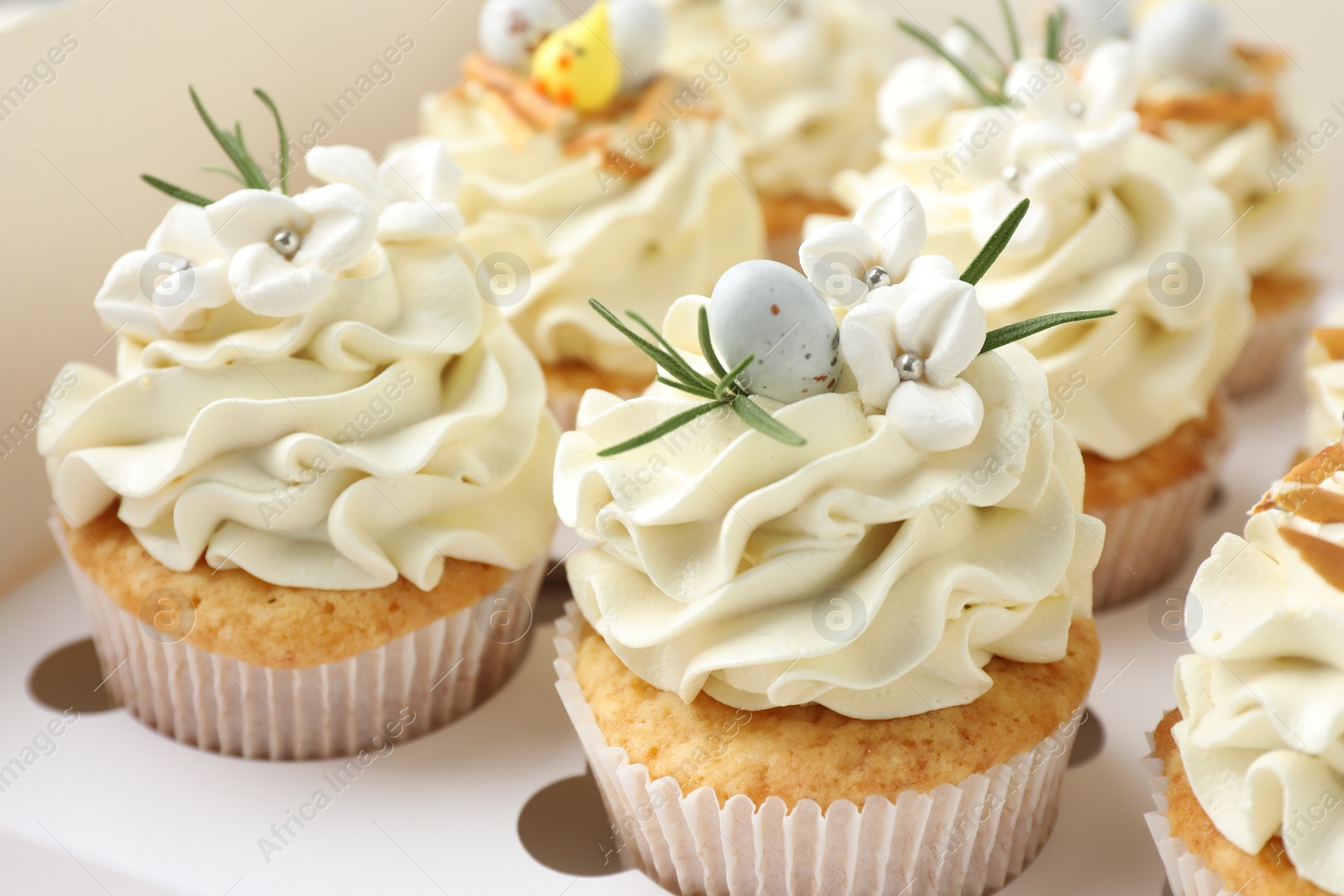 Photo of Tasty Easter cupcakes with vanilla cream in box, closeup