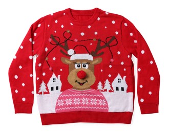 Photo of Red Christmas sweater with reindeer isolated on white, top view