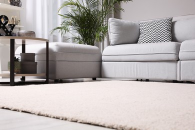 Living room interior with soft carpet and stylish furniture