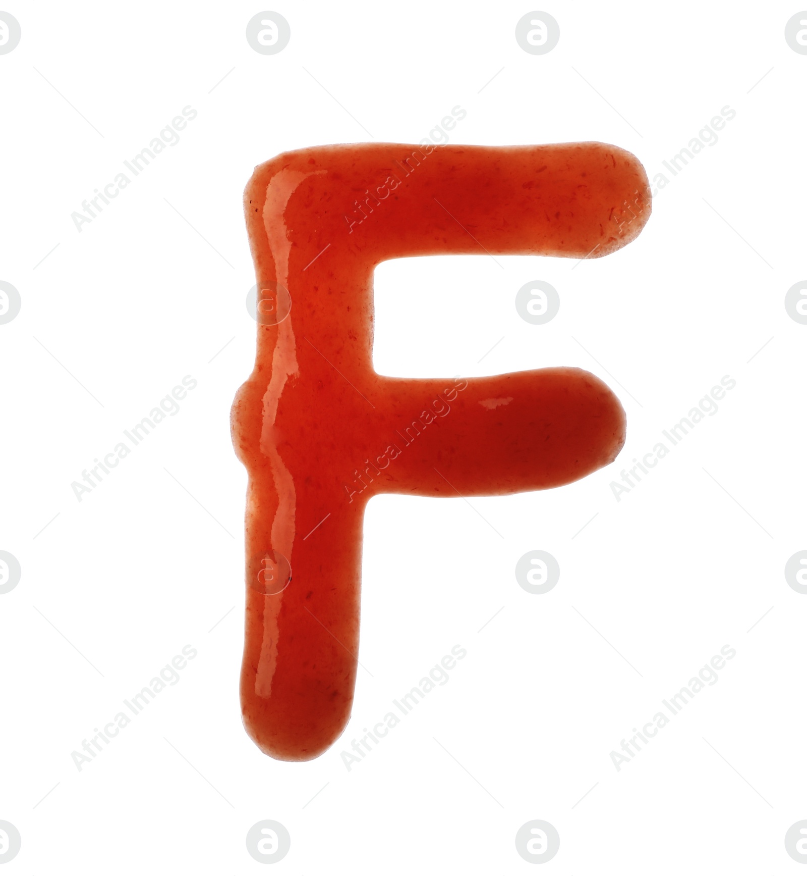 Photo of Letter F written with red sauce on white background