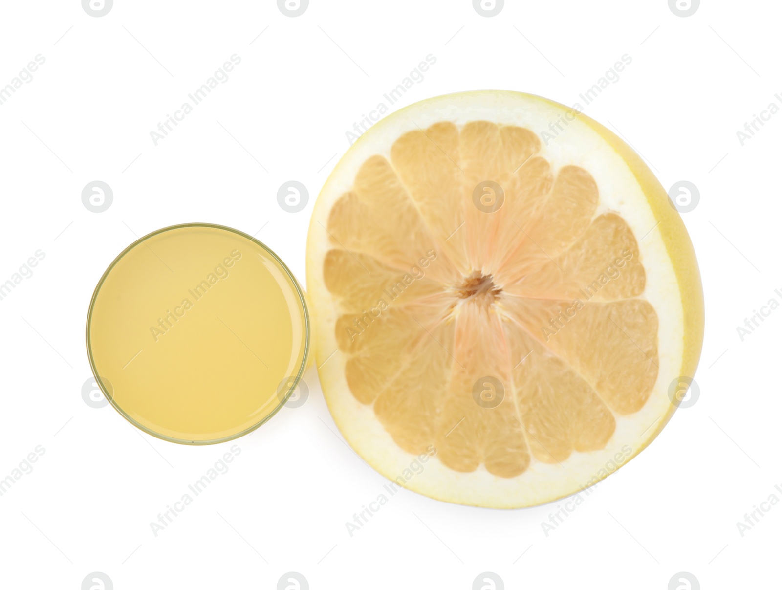 Photo of Glass of fresh pomelo juice and fruit isolated on white, top view