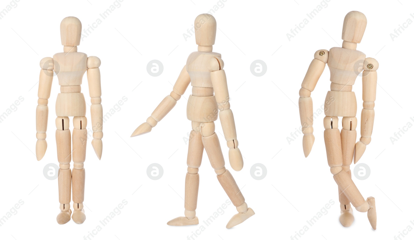 Image of Set with wooden human models in different poses on white background