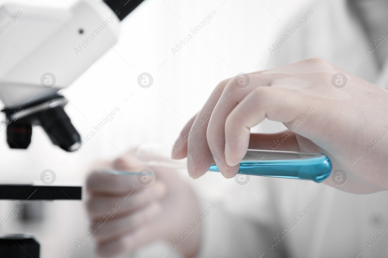 Photo of Scientist pouring blue liquid onto slide near microscope on table, closeup. Medical research