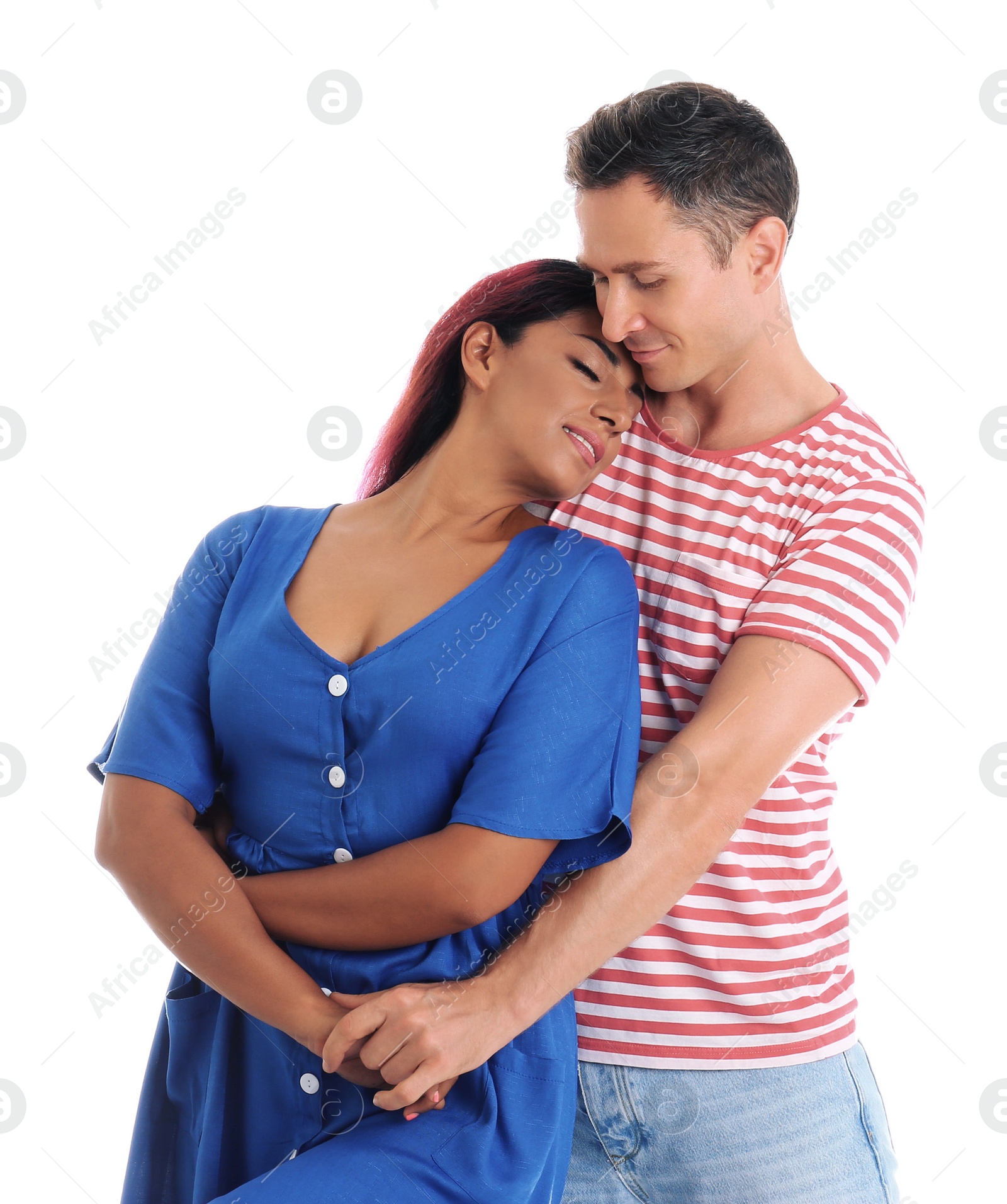 Photo of Beautiful lovely couple dancing on white background