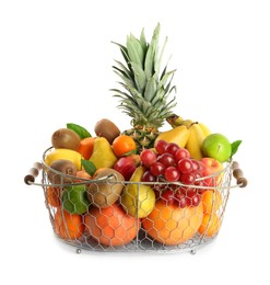 Metal basket with different fresh fruits isolated on white