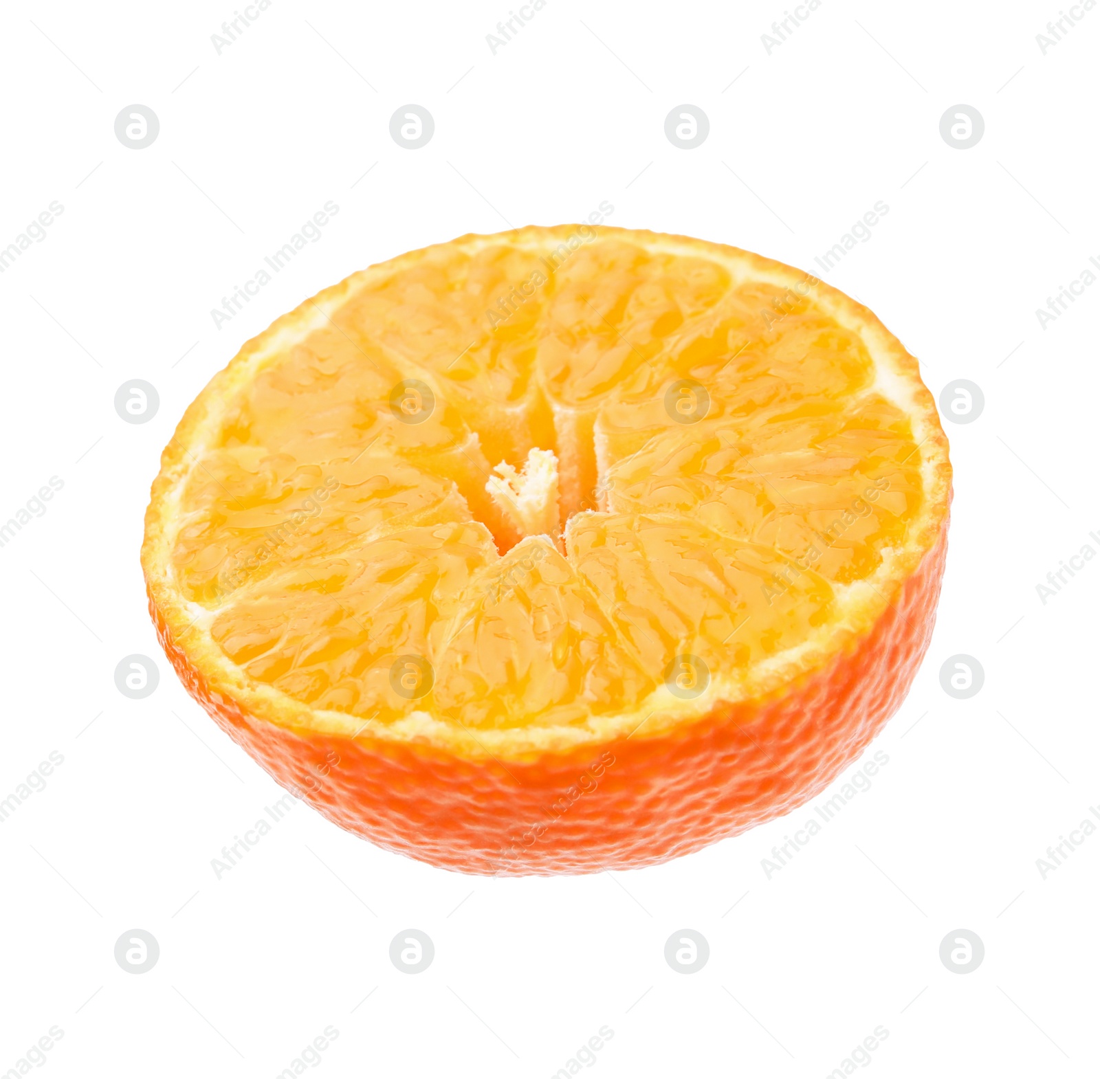 Photo of One fresh juicy tangerine slice on white background