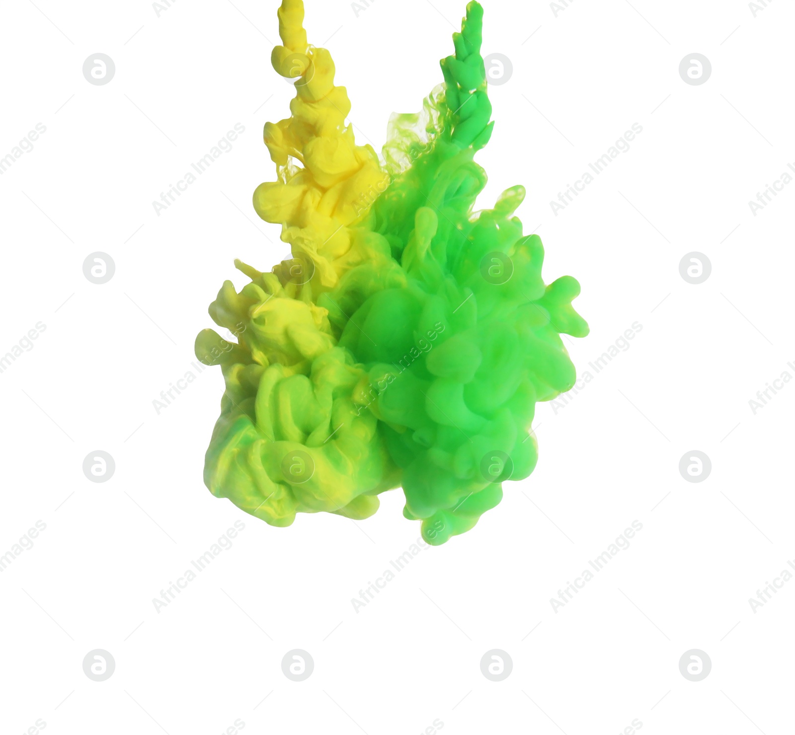 Photo of Splash of yellow and green inks on light background. Space for text